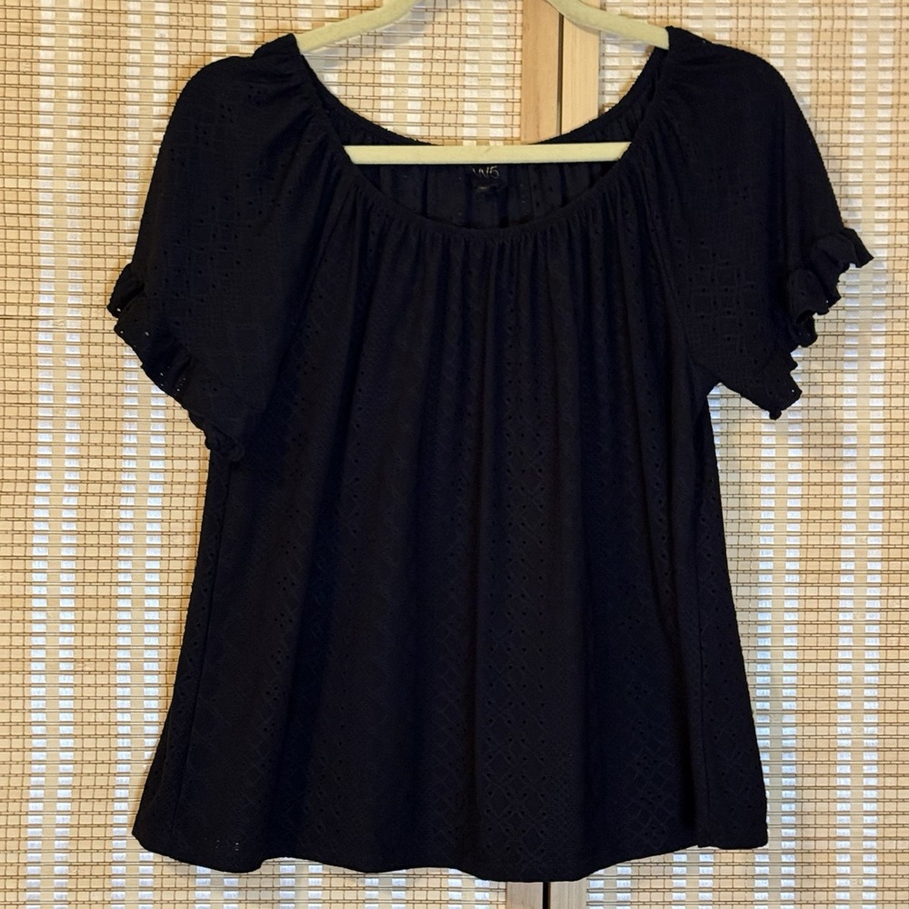 W5 Womens M Black Top Eyelets Flutter Sleeves Whimsigoth Boho Darkcore Minimal